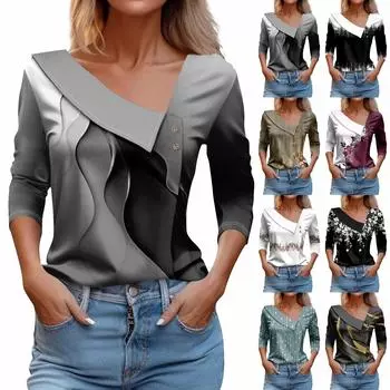 Женская футболка с принтом, пуловер с рукавами 3/4 и V-образным вырезом и пуговицами XXXL верблюд