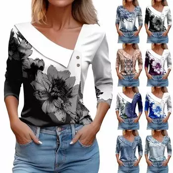 Женская футболка с принтом, пуловер с рукавами 3/4 и V-образным вырезом и пуговицами S
