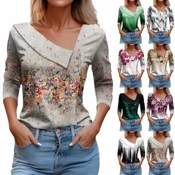 Женская футболка с принтом, пуловер с рукавами 3/4 и V-образным вырезом и пуговицами XXL розовый