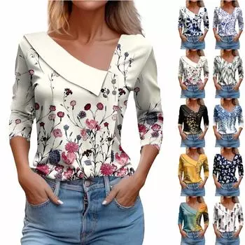 Женская футболка с принтом, пуловер с рукавами 3/4 и V-образным вырезом и пуговицами L армия зеленый