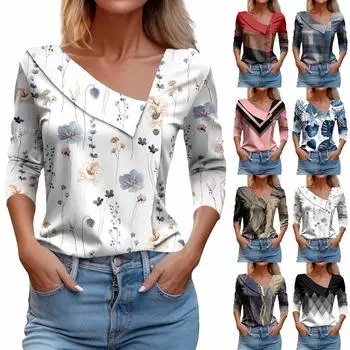 Женская футболка с принтом, пуловер с рукавами 3/4 и V-образным вырезом и пуговицами L синий