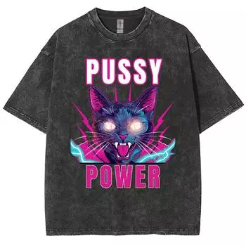 Женская футболка с принтом «Pussy Power Cat», стираная, с круглым вырезом, коротким рукавом, уличный стиль, топ унисекс S