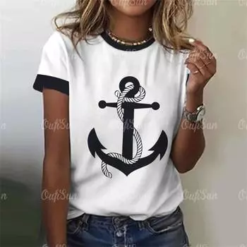 Женская футболка с принтом якоря, летние повседневные футболки с короткими рукавами и 3d футболками, уличная одежда, пуловер с круглым вырезом, женская одежда большого размера 5XL белый