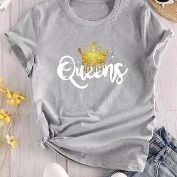 Женская футболка с принтом Queen Letter, повседневная футболка с круглым вырезом и коротким рукавом, повседневные топы на каждый день, женская одежда S
