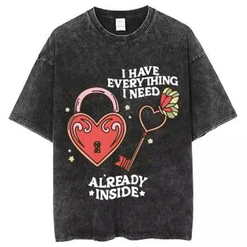 Женская футболка с принтом «Романтическая любовь» и замком-замком, футболка из стираного денима, свободный круглый вырез, короткий рукав, девичий сердечко S