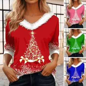 Женская футболка с принтом «Рождественская елка», осень-зима, пуловер с v-образным вырезом и длинными рукавами, топы, плюшевая повседневная футболка
