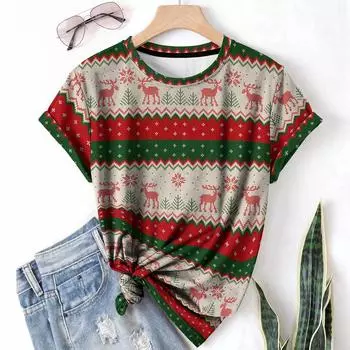 Женская футболка с принтом «Рождественский снеговик, лось, снежинка» больших размеров, повседневный короткий рукав, топ для весны и лета, женская одежда больших размеров XS