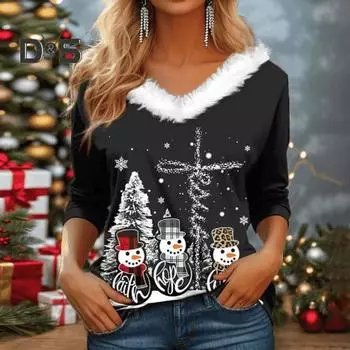 Женская футболка с принтом рождественской елки, осенне-зимняя, с V-образным вырезом, с длинным рукавом, топы, плюшевая повседневная футболка L чёрный