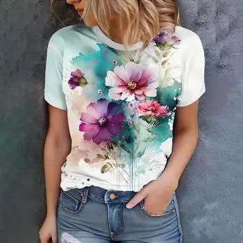 Женская футболка с принтом розового, фиолетового и синего цветов, летний акварельный повседневный художественный стиль, с короткими рукавами 2XS