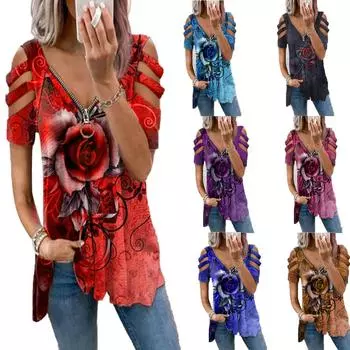 Женская футболка с принтом розы, повседневная футболка на молнии с v-образным вырезом, мягкий и удобный топ, рубашка плюс 5XL