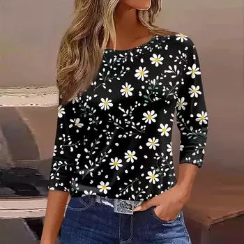 Женская футболка с принтом, рукав 3/4, повседневная, модная, на выходные, базовая, с круглым вырезом, стандартный топ L чёрный
