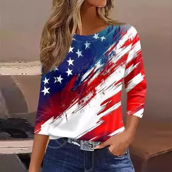 Женская футболка с принтом, рукав 3/4, повседневная мода, базовый круглый вырез, обычный топ L