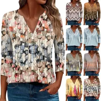 Женская футболка с принтом, рукав 3/4, Повседневные, выходные, модные, базовые, с V-образным вырезом, обычные топы XXXL