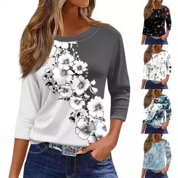 Женская футболка с принтом, рукав 3/4, повседневная, модная, на выходные, базовая, с круглым вырезом, стандартный топ L чёрный