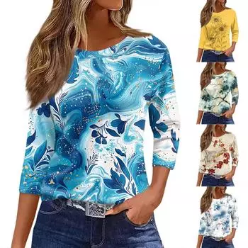 Женская футболка с принтом, рукав 3/4, повседневная, модная, на выходные, базовая, с круглым вырезом, стандартный топ L синий