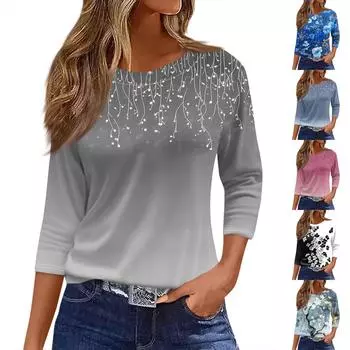 Женская футболка с принтом, рукав 3/4, повседневная, модная, на выходные, базовая, с круглым вырезом, стандартный топ L синий