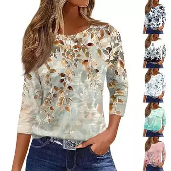 Женская футболка с принтом, рукав 3/4, повседневная, модная, на выходные, базовая, с круглым вырезом, стандартный топ L