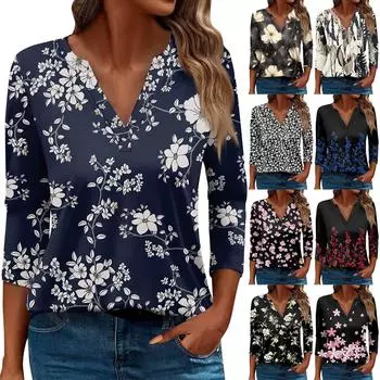Женская футболка с принтом, рукав 3/4, Повседневные, выходные, модные, базовые, с V-образным вырезом, обычные топы L