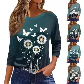 Женская футболка с принтом, рукав 3/4, повседневная, модная, на выходные, базовая, с круглым вырезом, стандартный топ L циан