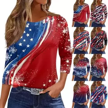 Женская футболка с принтом, рукав 3/4, повседневная мода, базовый круглый вырез, обычный топ L чёрный