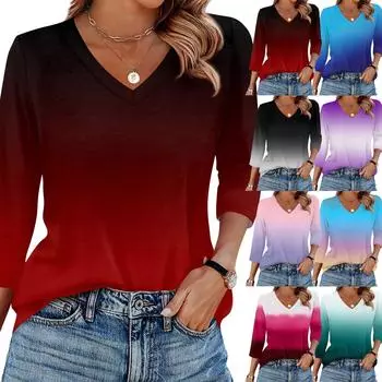 Женская футболка с принтом, рукав 3/4, повседневная мода на выходные, базовый топ с V-образным вырезом L синий