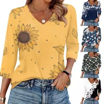 Женская футболка с принтом, рукав 3/4, повседневная мода на выходные, базовый топ с V-образным вырезом L чёрный