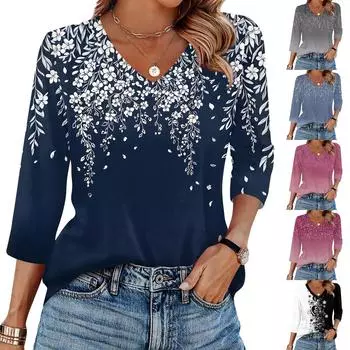 Женская футболка с принтом, рукав 3/4, повседневная мода на выходные, базовый топ с V-образным вырезом L чёрный