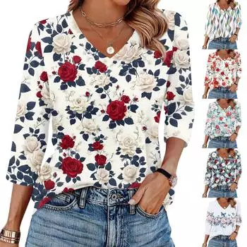 Женская футболка с принтом, рукав 3/4, повседневная мода на выходные, базовый топ с V-образным вырезом L зелёный