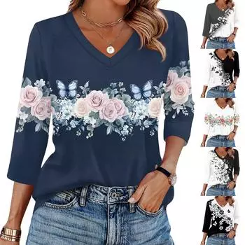 Женская футболка с принтом, рукав 3/4, повседневная мода на выходные, базовый топ с V-образным вырезом L чёрный