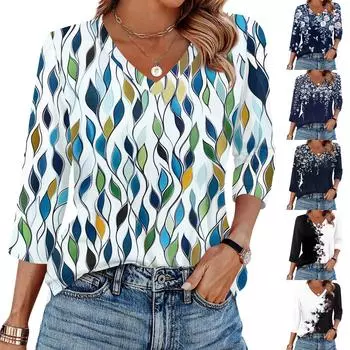 Женская футболка с принтом, рукав 3/4, повседневная мода на выходные, базовый топ с V-образным вырезом L чёрный