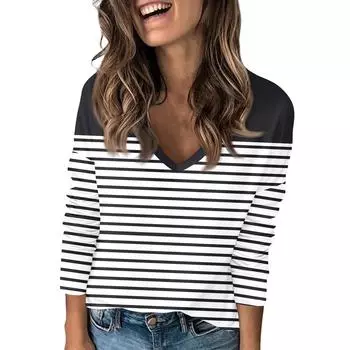 Женская футболка с принтом, с заниженной линией плеч, с длинным рукавом, повседневная, выходного дня, модная, базовая, с V-образным вырезом, обычная, топ L чёрный