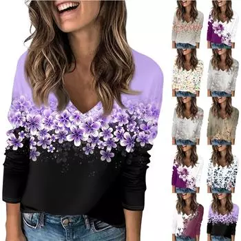 Женская футболка с принтом, с заниженной линией плеч, с длинным рукавом, повседневная, выходного дня, модная, базовая, с V-образным вырезом, обычная, топ L темно-синий