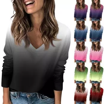 Женская футболка с принтом, с заниженной линией плеч, с длинным рукавом, повседневная, выходного дня, модная, базовая, с V-образным вырезом, обычная, топ L чёрный