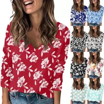 Женская футболка с принтом, с заниженной линией плеч, с длинным рукавом, повседневная, выходного дня, модная, базовая, с V-образным вырезом, обычная, топ L чёрный