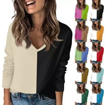 Женская футболка с принтом, с заниженной линией плеч, с длинным рукавом, повседневная, выходного дня, модная, базовая, с V-образным вырезом, обычная, топ L чёрный