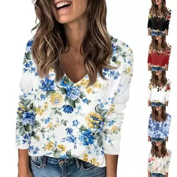 Женская футболка с принтом, с заниженной линией плеч, с длинным рукавом, повседневная, выходного дня, модная, базовая, с V-образным вырезом, обычная, топ L чёрный