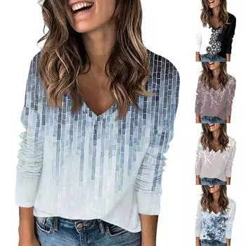 Женская футболка с принтом, с заниженной линией плеч, с длинным рукавом, повседневная, выходного дня, модная, базовая, с V-образным вырезом, обычная, топ L чёрный