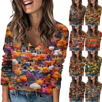 Женская футболка с принтом, с заниженной линией плеч, с длинным рукавом, повседневная, выходного дня, модная, базовая, с V-образным вырезом, обычная, топ XXL