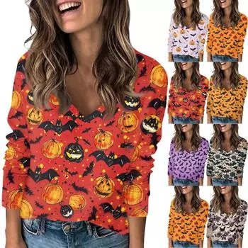 Женская футболка с принтом, с заниженной линией плеч, с длинным рукавом, повседневная, выходного дня, модная, базовая, с V-образным вырезом, обычная, топ L оранжевый