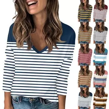 Женская футболка с принтом, с заниженной линией плеч, с длинным рукавом, повседневная, выходного дня, модная, базовая, с V-образным вырезом, обычная, топ L чёрный