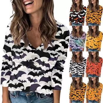 Женская футболка с принтом, с заниженной линией плеч, с длинным рукавом, повседневная, выходного дня, модная, базовая, с V-образным вырезом, обычная, топ XXL чёрный