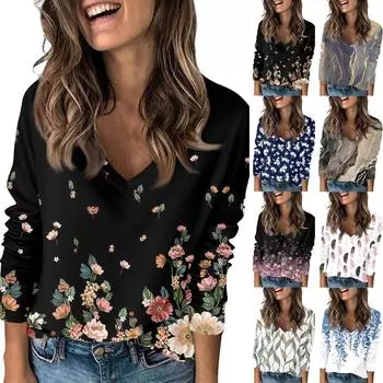 Женская футболка с принтом, с заниженной линией плеч, с длинным рукавом, повседневная, выходного дня, модная, базовая, с V-образным вырезом, обычная, топ XL