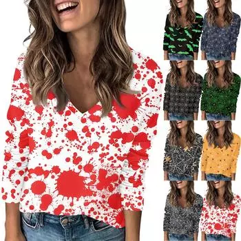 Женская футболка с принтом, с заниженной линией плеч, с длинным рукавом, повседневная, выходного дня, модная, базовая, с V-образным вырезом, обычная, топ S