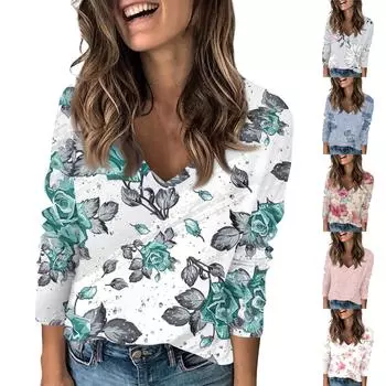 Женская футболка с принтом, с заниженной линией плеч, с длинным рукавом, повседневная, выходного дня, модная, базовая, с V-образным вырезом, обычная, топ L горячий розовый