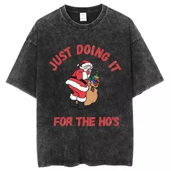 Женская футболка с принтом Санта-Клауса Y2K, свободный размер, стираная джинсовая ткань, нейтральный стиль, короткий рукав, забавный мужской топ M