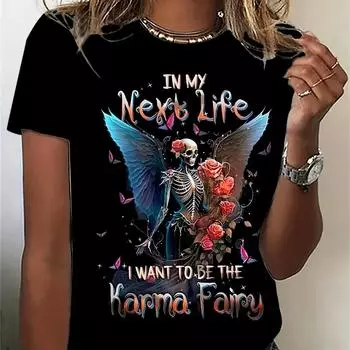 Женская футболка с принтом «Скелет и буквы» — повседневный топ с круглым вырезом и короткими рукавами для весны и лета XS