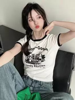 Женская футболка с принтом «Сладкая и пряная», лето 2023, облегающий короткий студенческий топ контрастного цвета с круглым вырезом и короткими рукавами M серый