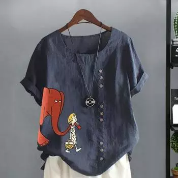 Женская футболка с принтом слона для девочек и короткими рукавами с круглым вырезом, свободная декорация пуговицами, женская повседневная футболка, блузка, топ, повседневная одежда 4XL зелёный