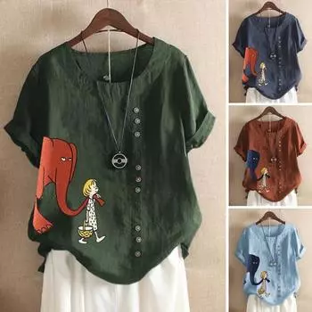 Женская футболка с принтом слона и мультяшной девушкой с короткими рукавами, дышащая, с круглым вырезом 4XL зелёный