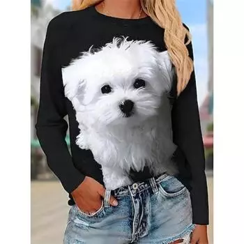 Женская футболка с принтом собаки, длинный рукав, стандартные топы с круглым вырезом, повседневные, выходные, черный, розовый, темно-синий, синий, фиолетовый, весна и осень S